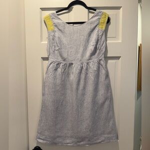 J.Crew Blue & White Linen Dress with Yellow Embroidered Straps, Pockets, size 6
